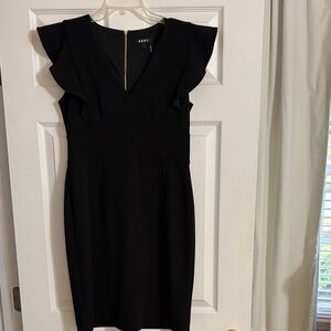 DKNY Black Dress with Flutter Sleeves and Gold Zip